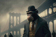 Generative AI Illustration Of Male Ape In Suit Against Bridge