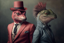 Generative AI Illustration Of Pink And Green Lizards Wearing Suits