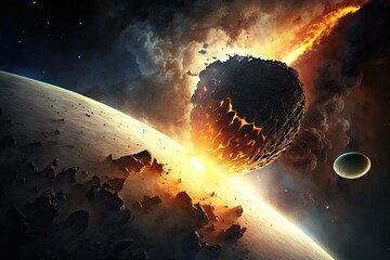 Wall Mural - Illustration of an asteroid colliding with a Planet - Created with generative ai