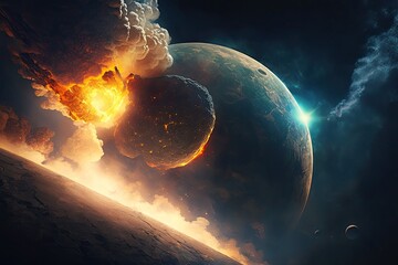Wall Mural - Illustration of an asteroid colliding with a Planet - Created with generative ai