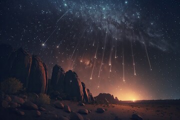 Wall Mural - Set of Illustrations of a landscape with asteriods, comets and shooting stars - Created with generative ai