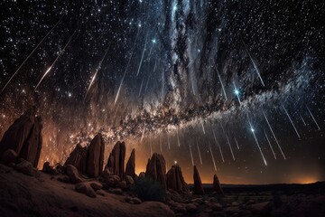 Wall Mural - Set of Illustrations of a landscape with asteriods, comets and shooting stars - Created with generative ai