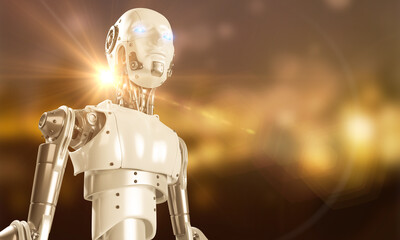 Aufkleber - Humanoid robot Stand  on futuristic background. Robot cybernetic organism works with a virtual HUD interface in augmented reality. Future concept.