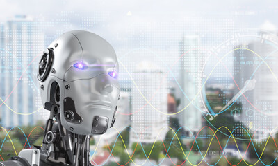 Aufkleber - Humanoid robot Stand  on futuristic background. Robot cybernetic organism works with a virtual HUD interface in augmented reality. Future concept.