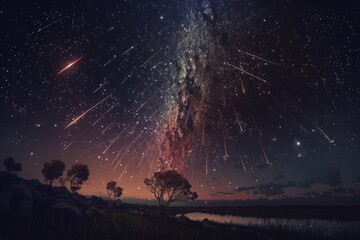 Wall Mural - Set of Illustrations of a landscape with asteriods, comets and shooting stars - Created with generative ai