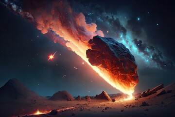 Wall Mural - Set of Illustrations of a landscape with asteriods, comets and shooting stars - Created with generative ai