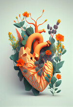 Orange Flowers Grow Out Of A Realistic Heart On A White Background.