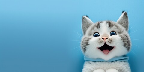 Wall Mural - adorable cute cat smiling and isolated on blue background with copy space generative ai