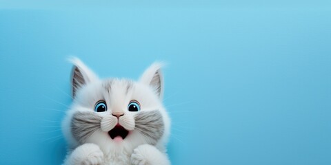 Wall Mural - adorable cute cat with surprised expression isolated on blue background with copy space generative ai