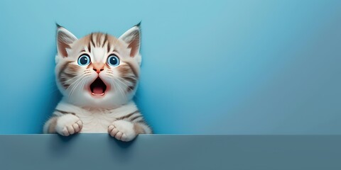 Wall Mural - adorable cute cat with surprised expression isolated on blue background with copy space generative ai