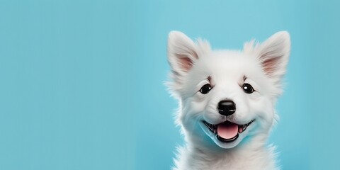 Wall Mural - cute adorable dog smiling and isolated on blue background with copy space generative ai