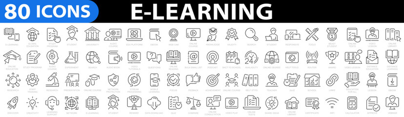 e-learning icon set. online education icon set. thin line icons set. distance learning. containing v