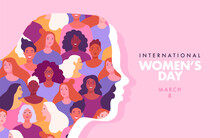 International Women's Day Web Banner Concept. Vector Cartoon Illustration In A Trendy Flat Style Of A Silhouette Of Woman's Portrait In Profile, Made Up Of A Pattern Of Many Diverse Women. 