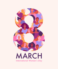 Wall Mural - March 8th greeting card concept. Vector cartoon illustration for International Women's Day in a trendy flat style of a silhouette of the number 8, consisting of a pattern of many diverse women

