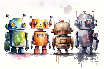 Watercolor drawing of cute little robots. AI generated illustration.