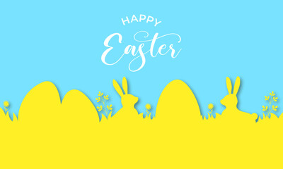 easter greeting card with eggs and flowers. happy easter paper cut greeting card. paper cut style de