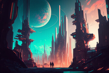 Wall Mural - A futuristic city setting with vibrant colors Generative AI