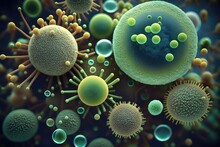 Macro Shot Of Different Types Of Microbes. Virus Cells And Bacteria On Abstract Background. Generative AI
