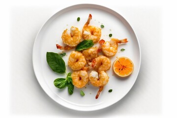 Top view gourmet fried shrimp dish on the plate on white background. Generative AI.