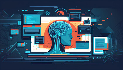 Augmented Artificial Intelligence Head Brain with computer screen Cyberpunk Android with Neural Implants Futuristic Augmentations Sci-Fi concept