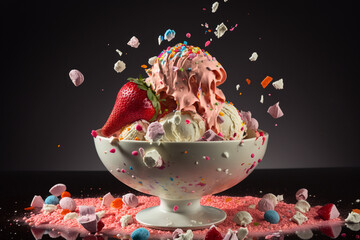 Sticker - Tasty ice cream splashing everywhere with fruits Generative AI