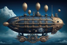 Landscape With Airship In The Sky With Clouds, Steampunk Style. Generative AI