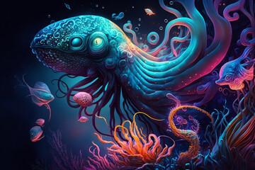 Wall Mural - Wallpaper with a surreal portrait of marine animals Generative AI