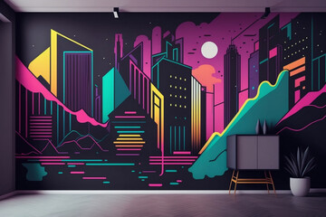 Poster - Wallpaper with an abstract urban landscape with neon Generative AI