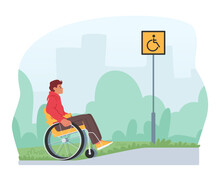 Male Character In Wheelchair Ascending A Ramp On Street, Overcoming Architectural Barriers Vector Illustration