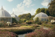 View On Fthe Palm House, An Orangery Inside Royal Botanic Gardens, Kew, England On Sunny Day. Generative AI