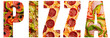 Word pizza with texture pattern of different pizzas for each letter.Concept for restaurants, posters, banners, advertisements and blogs. Isolated.