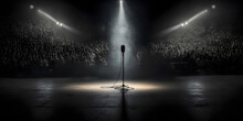 Microphone For Singer Music Background With Spot Lighting. Concept Public Speaking On Stage With Mic. Generation AI