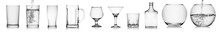 Glassware Set Isolated. Different Glasses A Bottle And Fishbowl.