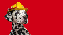 A Dalmatian Dog Wearing A Firefighter Helmet Poster With Copy Space - Generative AI