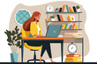 Flat vector illustration Young happy businesswoman, professional online teacher or office worker sitting at desk, working on computer or teaching e-learning, teaching virtual courses for distance educ