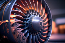Aircraft Jet Engine On Repair And Maintenance. Industrial Motor Of Airplane, Sunlight. Generation AI