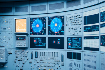  Electrical station, Central control panel of nuclear power plant reactor, blue color. Generation AI