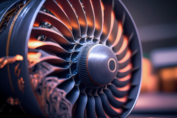 Aircraft jet engine on repair and maintenance. Industrial motor of airplane, sunlight. Generation AI