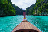 Fototapeta Łazienka - Traveling with long tail boat on fantastic emerald lagoon sea at Koh Phi Phi Island Thailand, Pileh Lagoon.