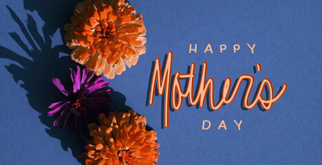 Simple Happy Mother Day greeting background with zinnia flowers for holiday.