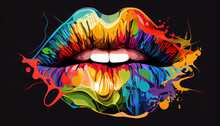 Rainbow Colored Beautiful Women Lips Of A Girl With Splashes Of Bright Multicolored Paint Art Female Mouth Generative AI