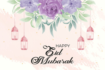 Beautiful Nature Eid Mubarak card design template 
 with watercolor pink roses flower lamp Muslim Islamic Celebration vector Illustration