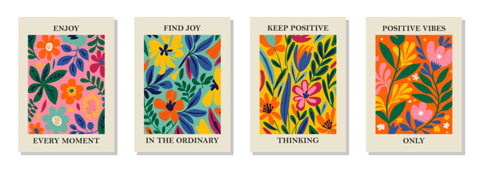 Set of 4 botanical wall art posters, brochure, flyer templates, contemporary collage. Organic shapes, line floral pattern with positive motivational, inspirational quotes.