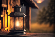 Beautiful lantern lit in a vintage style, in front of a wooden cottage, giving a rustic and mysterious atmosphere. A warm and cozy note to overcome the winter. Generative AI