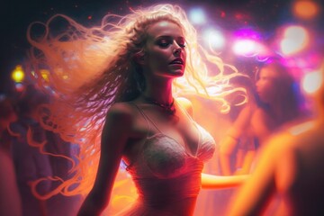 Wall Mural - Attractive blonde girl dancing at the hot summer dance party. Motion blur. Blurred bokeh background. Vacation nightlife, celebration.