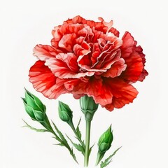 Red carnation isolated on white background. Watercolor illustration of a beautiful red flower. Generative AI art.