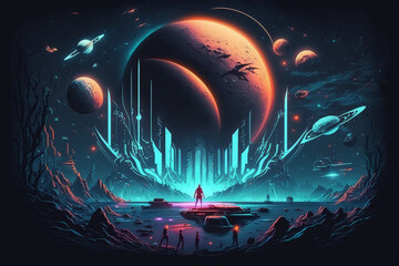 Wall Mural - wallpaper with a sci-fi backdrop with neon colors Generative AI