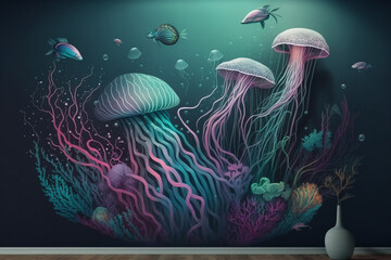 Wall Mural - wallpaper with an underwater scene with neon colors Generative AI