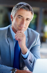 Poster - I planned my corporate climb carefully. Cropped portrait of a handsome mature businessman looking thoughtful while working on a laptop outdoors.