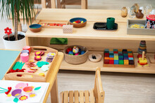 Classroom Of Montessori Kindergarten. The Colorful Montessori Material. Concept Of Children Learning Toy